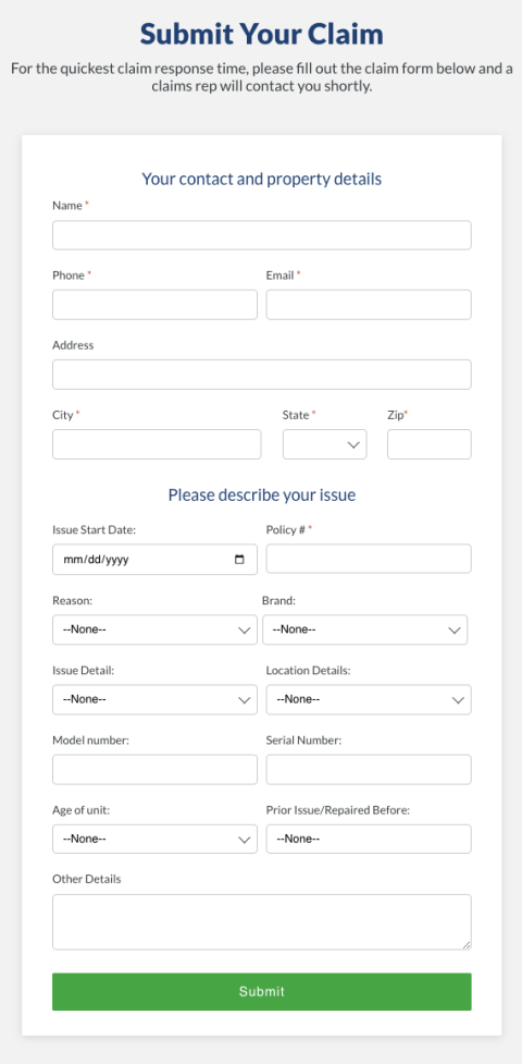 A screenshot of Select Home Warranty's online form to submit a claim.